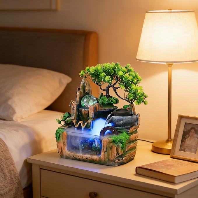 10Inch Bonsai Tree Rock ​Water Fountains Indoor Tabletop Waterfall Humidifier with LED Light and Atomizer Mist, Desktop Decoration Fake Plants Mini Fish Tank Feng Shui Decor Festival Birthday surprise - Image 8