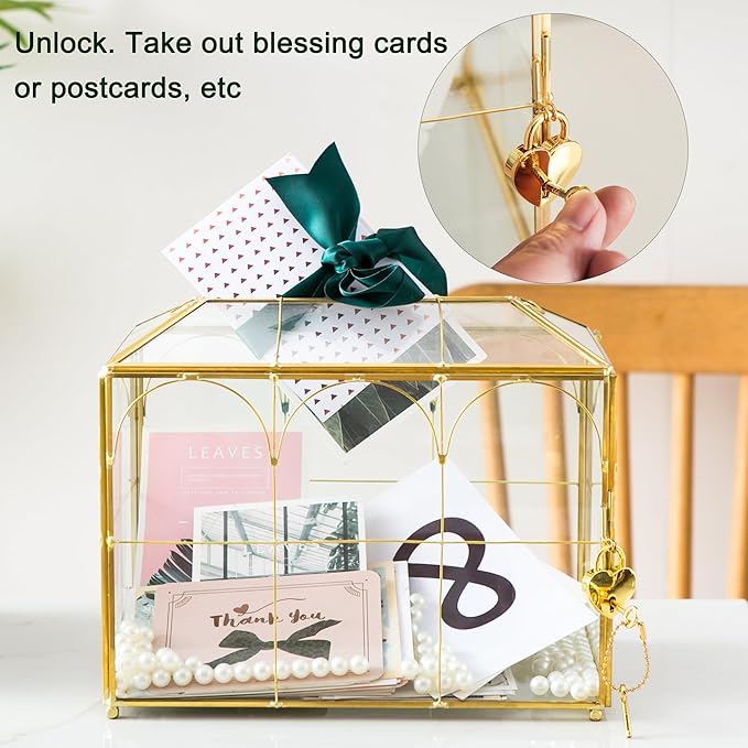 Glass Wedding Card Box with Slot, 10.2'' Large Clear Card Box Gold Brass Gift Card Storage Box with Lock Perfect for Wedding Receptions, Baby Shower, Birthday Party, Bridal Shower - Image 4