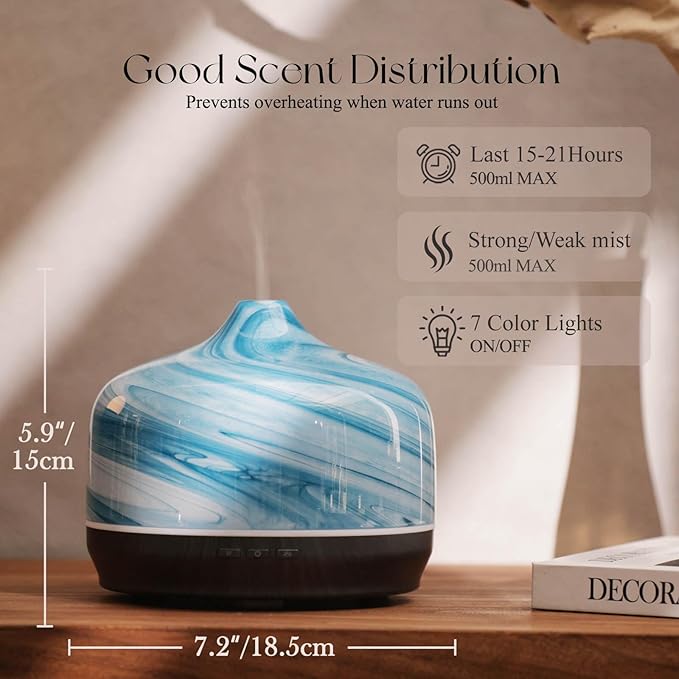 Porseme 500ml Glass Essential Oil Diffuser Aromatherapy Ultrasonic Cool Mist Humidifier 15-21 Running Hours Waterless Auto-Off Air Diffusers for Sleeping Yoga Office Working Spa and Rest (Blue Ink) - Image 3