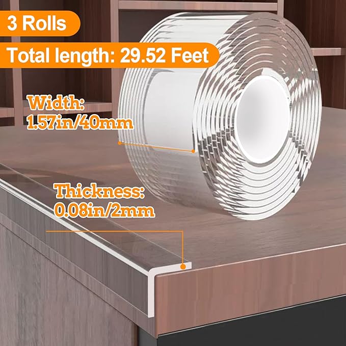 3 Pack Clear Edge Protector Strip,1.57 in x 9.84 FT,Sharp Edge Wrap Cover Tape,Self Adhesive Protective Bumper Guards for Cabinet Door Desk Glass Table Bed Furniture,Kitchen Countertop - Image 2