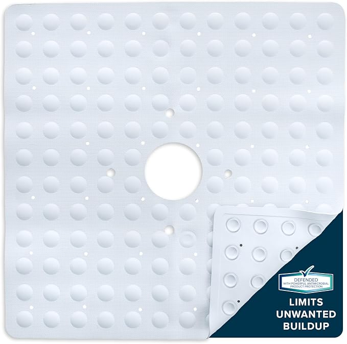SlipX Solutions Square Natural Rubber Shower Stall Mat, 21” x 21”, Non Slip Safety, Built-in Product Protection, 140 Power Grip Suction Cups, Center Drain Hole, White by SlipXSolutions