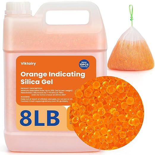 8LBS Silica Gel Desiccant Beads, Premium Orange Indicating Reusable Desiccant Bulk, Industry 3-5 mm Silica Beads Dehumidifier for 3D Filament, Electronic Devices, Camera, Jewelry, Safe (10PCS Bags) by Viktairy