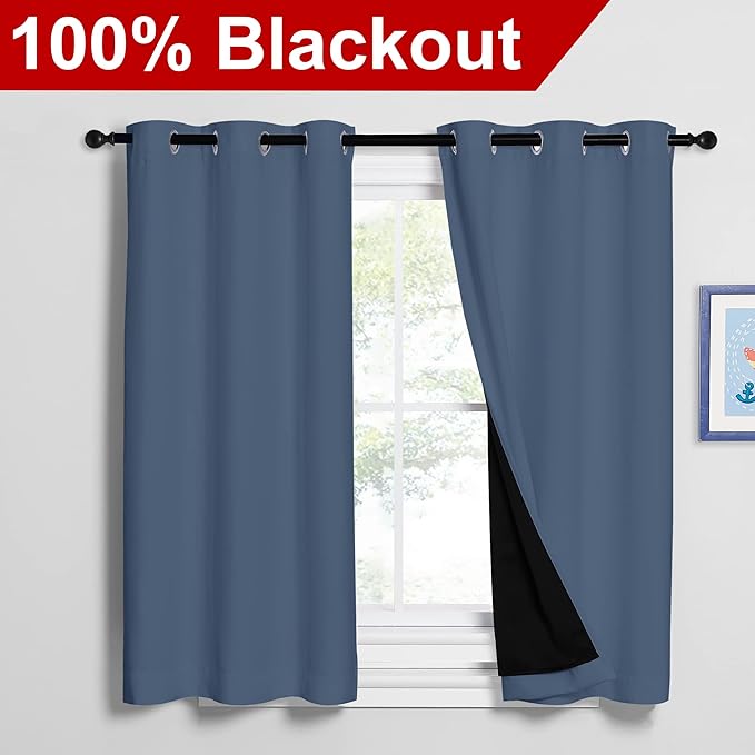 NICETOWN Stone Blue 100% Blackout Curtains 2 Panels Set Burg, Thermal Insulated Full Blackout 2-Layer Lined Drapes, Energy Efficiency Window Draperies for Boy's Room (42-inch W by 54-inch L) - Image 2