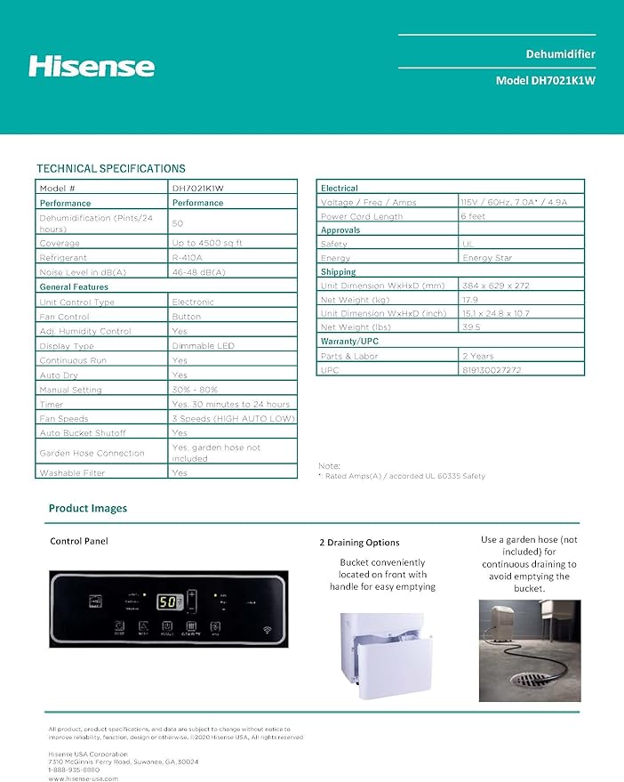 Hisense 50 Pint 3-Speeds Dehumidifier, 3 Modes – Auto, Continuous, Manual, 115v, LED Display, Noise Level 46 dB, 24-hour on/off timer, Up to 4500 sq. ft. - DH7021K1W (Renewed) - Image 3