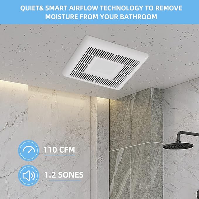 Tech Drive Bathroom Fan with Light 110 CFM, 1.2Sone No Attic access Needed Installation,Very Quiet Bath Ventilation and Exhaust Fan with LED Light 4000K 800LM, 4inch Duct,White Plastic Grille - Image 2