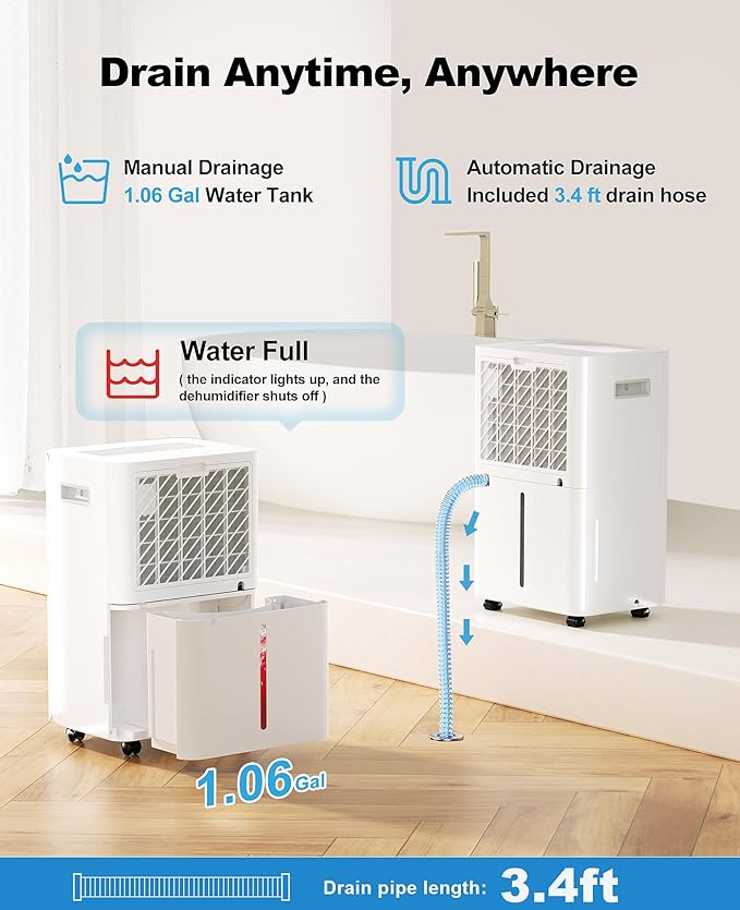 50 Pint Dehumidifier for Large Rooms & Basements, Up to 4,500 Sq.Ft, Automatic Humidity Control with Continuous Drain, Quiet 40dB, 24-Hour Timer, Wheels & Child Lock - Image 4