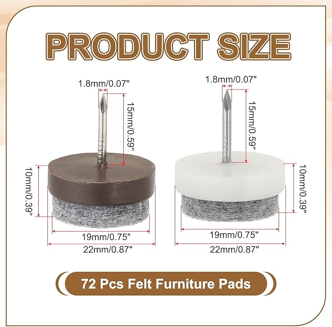 PATIKIL 22 mm Nail-on Felt Pads, 72 Pcs Round Felt Furniture Sliders Pads Heavy Duty Floor Protectors for Wooden Chair Sofa Cabinet Table Leg Feet Hardwood Floors, Black/Brown/White - Image 2