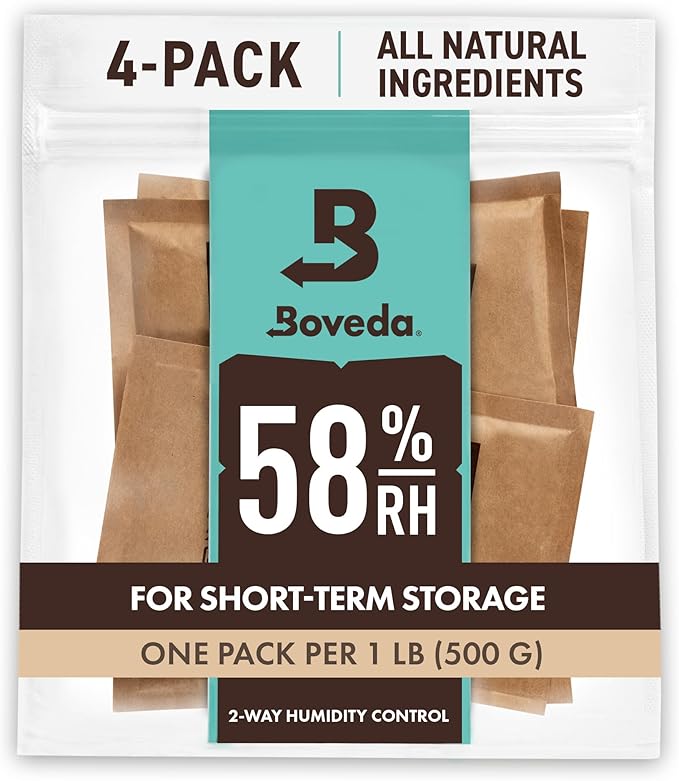Boveda 58% Two-Way Humidity Control Packs For Storing 1 lb – Size 67 – 4 Pack – Moisture Absorbers for Storage Containers – Humidifier Packs – Hydration Packets in Resealable Bag by Boveda