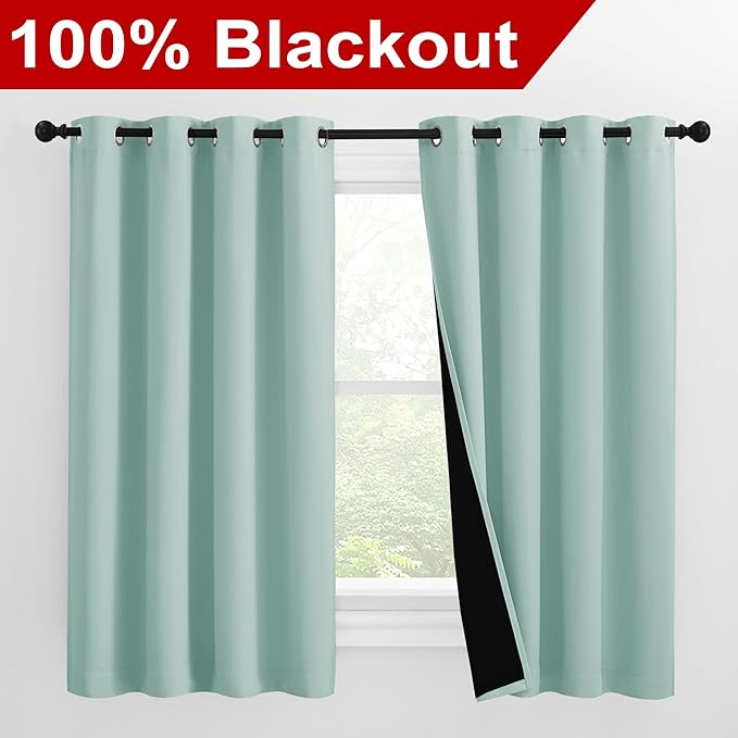 NICETOWN 100% Blackout Curtains 57 inches Long, Double-Deck Completely Blackout Window Treatment Thermal Insulated Lined Drapes for Small Window (Aqua Blue, 1 Pair, 55 inches Width Each Panel) - Image 2