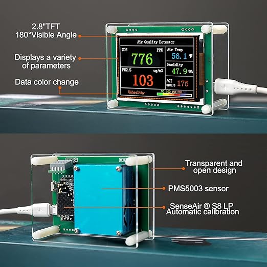 Indoor 5-in-1 Air Quality Monitor,CO2 Carbon Dioxide Detector,CO2 Monitor, pm2.5 pm10 pm1.0 Detector, Meter,Temperature and Humidity,for Grow Tents,Homes,Cars,Farm etc - Image 3