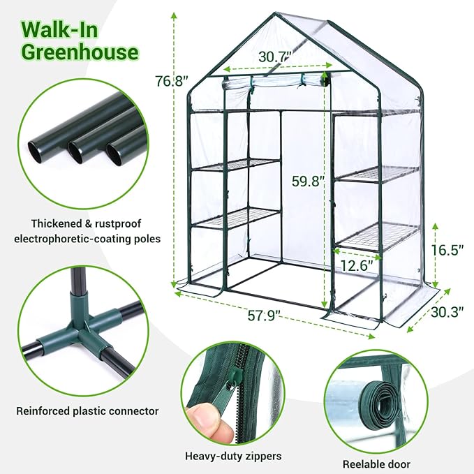 Ohuhu Small Greenhouse for Outdoors: 4 Tiers 6 Shelves Walk-in Indoor Green House Heavy Duty Plant Stands Reinforced Plastic PVC Cover Mini Portable Warm House for Outside, 4.8x2.5x6.4 FT - Image 5