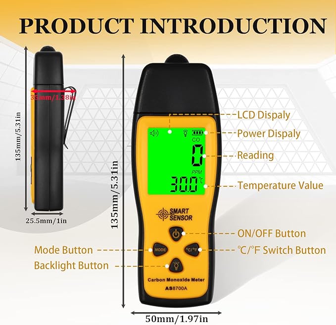 Carbon Monoxide Detectors, Portable CO Detector with Temperature Sensor ＆ LCD Backlight Screen, Handheld Carbon Monoxide Meter Tester 0-1000PPM Range, Indoor/Oudoor (Includes Battery x3) - Image 5