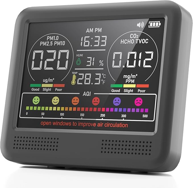 16-in-1 Air Quality Monitor Indoor with 7AQI Beep Alarm, CO2 Monitor, Air Quality Detector with PM1.0 | PM2.5 | PM10 | Temp | HUM | Formaldehyde | VOC Tester for Home Office Plant (Soft Black) by PERFORMANCEGURU