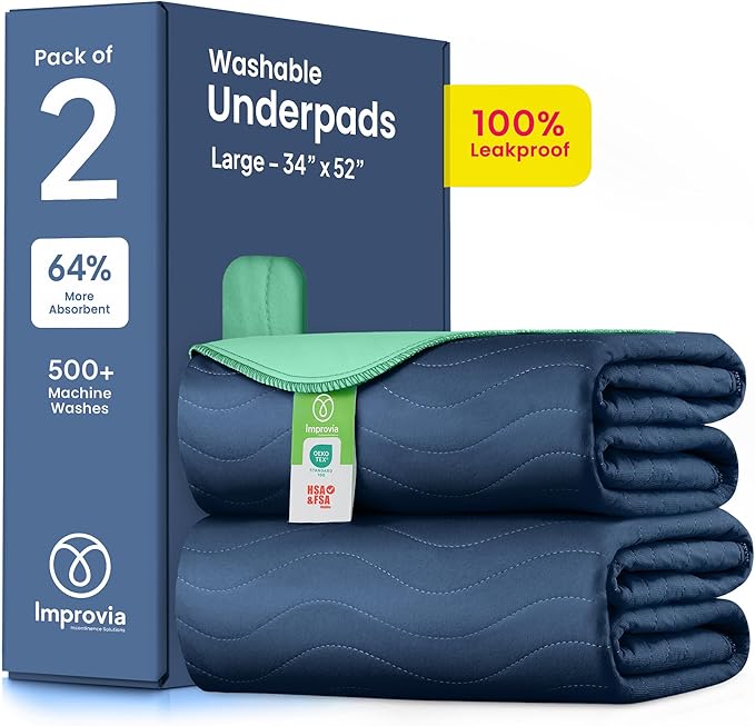 IMPROVIA® Washable Underpads, Heavy Absorbency Reusable Incontinence Pads for Kids, Adults, Elderly, and Pets, Waterproof Protection Floor (Navy & Green, 34"x52" (Pack of 2)) by IMPROVIA