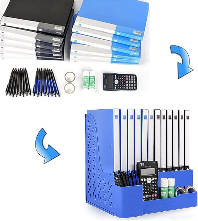 SAYEEC Magazine File Holder with Pen Holder and Storage Case, Plastic Desk Organizer File Folder Holder with 4 Vertical Compartments, Sturdy Desktop Binder Organizer for Office, School, Home (Blue) - Image 4