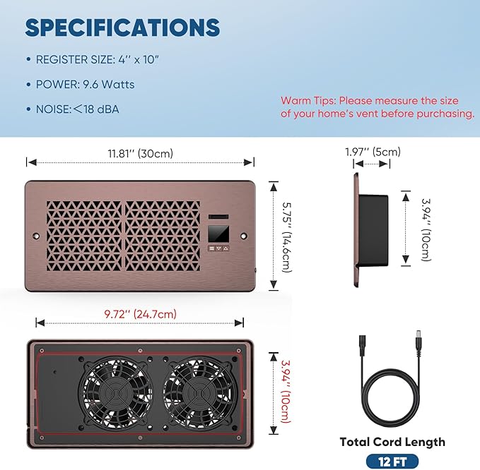 Register Booster Fan for 4" x 10" Register Holes with Remote Control and Thermostat, 10-Speeds Floor Vent Fans Booster - Enhances AC Heating&Cooling Airflow, Quiet Air Duct Fan for Wall, Bronze - Image 2