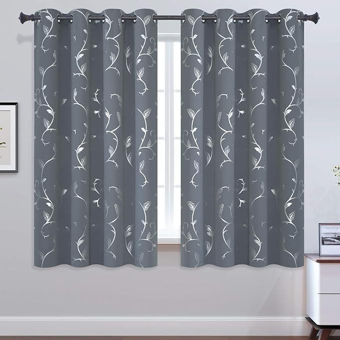 BUHUA Striped Wave Vine Print Blackout Curtains Thermal Insulated Grommet Top Window Curtains for Bedroom 52W×63L Light Grey 2 Panels - Image 2