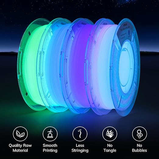 AMOLEN Glow in The Dark Multicolor Fast Change 3D Printer Filament 1.75mm, 5 Meter Green, Blue and Blue Purple Bundle, 1.75mm PLA Filament, 3D Glitter Printing Filament 200g X 4 Pack - Image 2