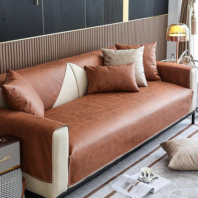 Faux Leather Waterproof Couch Sofa Cover Vintage PU Sectional Couch Cover Non Slip Sofa Slipcover Furniture Protector for Kids Dogs Cats (Brown,43"x63") by WelcometoXSlive