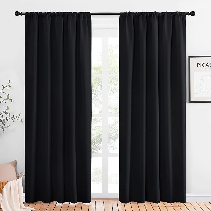 NICETOWN Blackout Curtain Panels for Living Room, Black, 2 Panels, W52 inches x L80 inches, Energy Efficient & Noise Reducing Thermal Insulated Rod Pocket Blackout Drapes/Draperies for Window by NICETOWN