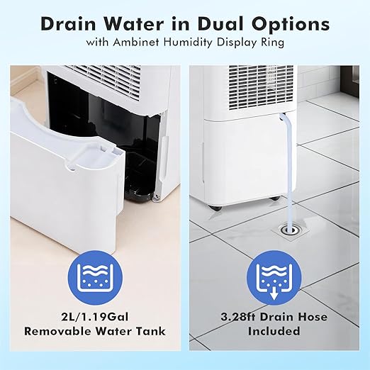NEWBULIG 30Pints Dehumidifier with Drain Hose, 2,000 Sq.Ft Dehumidifier for Basement, 0.53 Gallon Tank, Low 38dB, Smart Humidity Ring, Ideal Whole House Humidity Remover for Home, Bedroom & Bathroom - Image 6