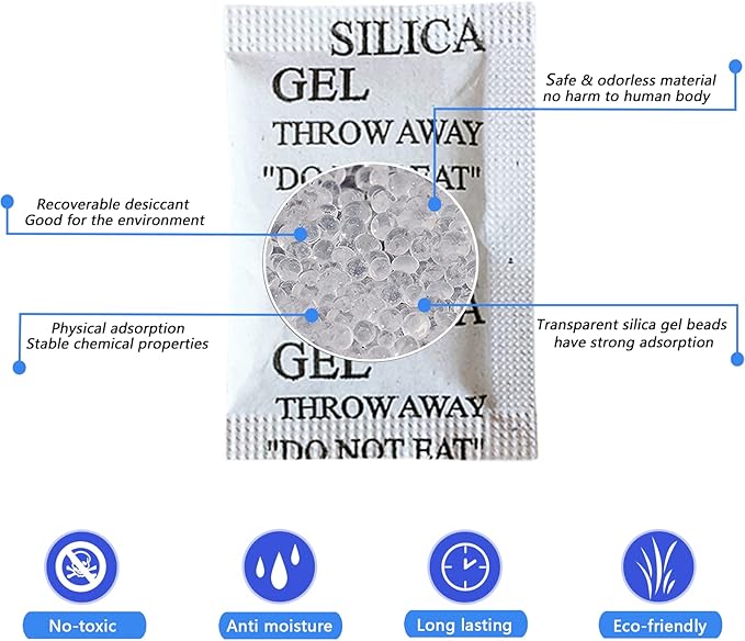 100Pcs Silica Gel Desiccant Packs(5 Gram), Industrial Grade No-Toxic Dehumidifier Packets, Premium Silicone Beads Moisture Absorption Bags Air Dryer for Clothes, Digital, Documents, Shoes, CD Storage - Image 2