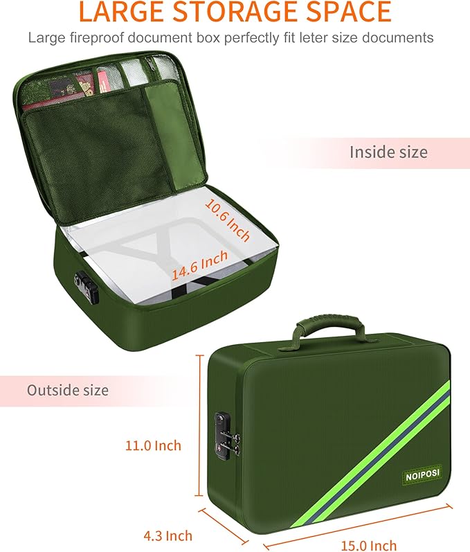 Noiposi Important Document Organizer, Waterproof and Fireproof Document Box with 7 Pockets File Folder,Portable Home Fire Safe Storage Box Case with Lock for Documents,File and Card,Green - Image 6