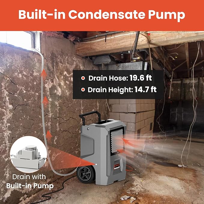 ABESTORM Hurricane DV Commercial Dehumidifiers with Pump and Drain Hose, Auto Defrosting Industrial Dehumidifiers with Wheels for Basements, Water Damage Restoration or Garages - Image 2