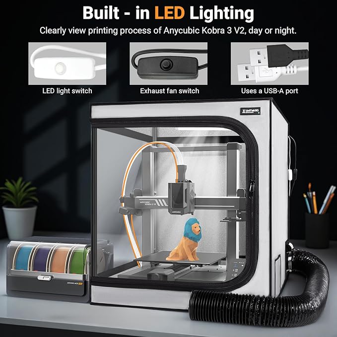 3D Printer Enclosure with Ventilation Kit for Anycubic Kobra 3/3 V2 Combo/Flashforge AD5X 3D Printers,Fireproof & Dustproof Noise Reduction 3D Printer Cover with USB LED Lighting System-580*650*650mm - Image 4