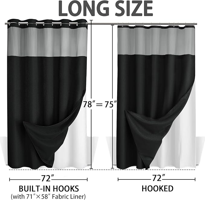 No Hook Shower Curtain and Liner Set,Black Hotel Waffle Shower Curtain with Liner 78" L x 72" W - Image 6