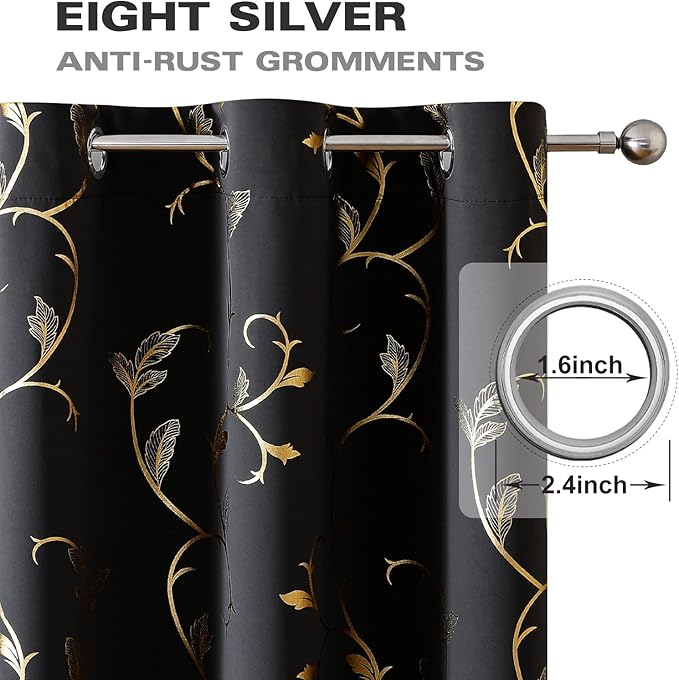 BUHUA Black Blackout Curtains with Gold Wave Line Foil Design,Room Darkening Curtains 84 Inches Long,Noise Reducing Blackout Drapes,Sliding Door Curtains Thermal for Living Room 2 Panels Set,52W×84L - Image 6