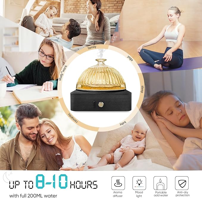 Glass Dome Essential Oil Diffuser with Glass Reservoir & Wood Base-Plastic Free, 200ml Ultrasonic Diffuser for Aromatherapy with Timer 7 Color Light Auto-Off for Home Office Yoga Dark Brown - Image 6