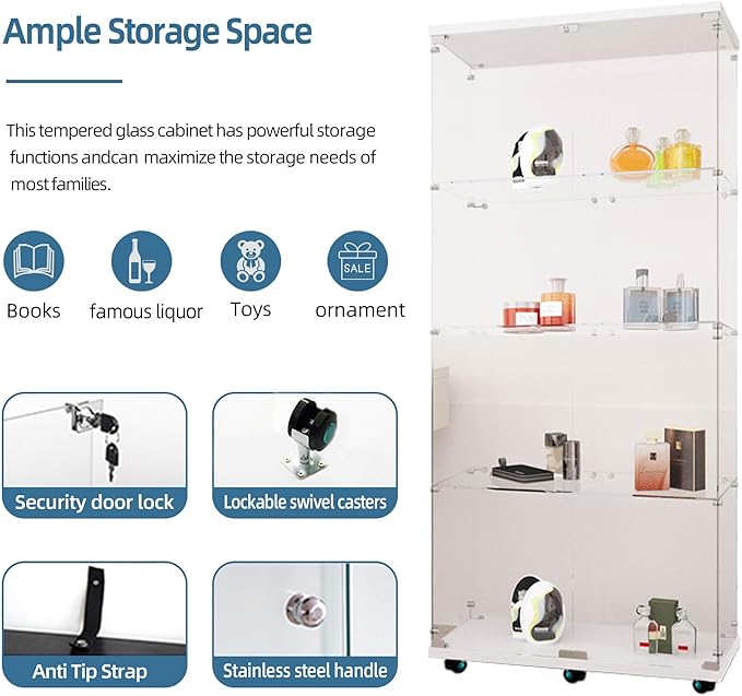 Yoluckea 4 Tiers Glass Display Cabinet with Bluetooth LED Light Strip, 2 Doors Floor Standing Curio Cabinet with Universal Wheel for Home Office Display, White Glass Bookshelf for Collections,Wood Top - Image 4
