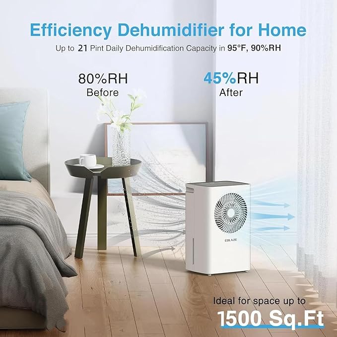 Dehumidifier,1500 Sq. Ft 21 Pint Dehumidifier for Basement with Drain Hose for Home Large Room Bathroom Bedroom - Smart Humidity Control, 24H Timer, Auto Manual Drain, 3 Modes - Image 2
