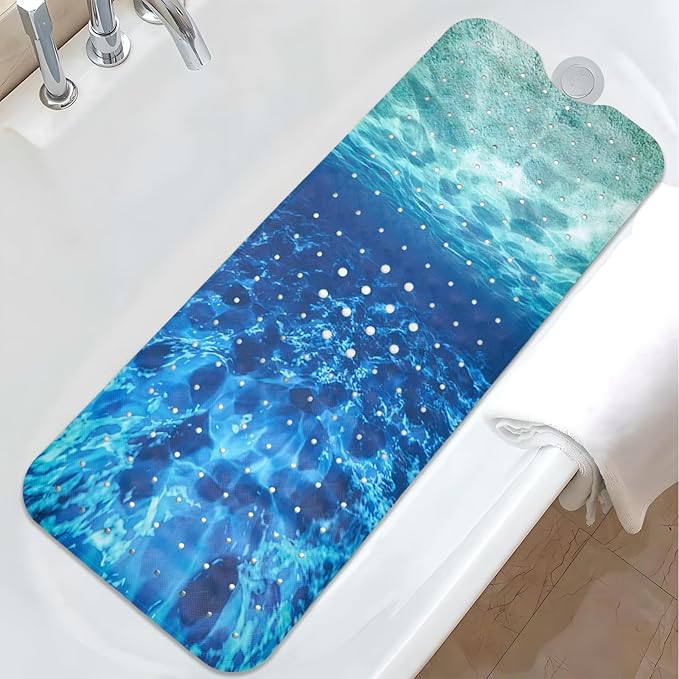 Seawater Bathtub Mat Non Slip, Ocean Waves Bath Tub Mat Baby Bath Mats for Bathroom Anti Slip Shower Mats for Inside Shower, Underwater Bathmat with Suction and Drain Holes Machine Washable, 40″x16″ by Unknown