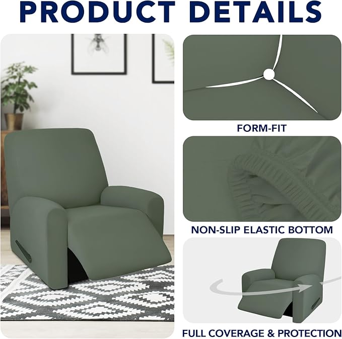 PureFit 100% Dual Waterproof Recliner Cover, Waterproof Couch Cover for Recliner - Stretch Non Slip Fleece Sofa Covers Washable, Leakproof Furniture Protector for Kids, Pets (Recliner, Grayish Green) - Image 4