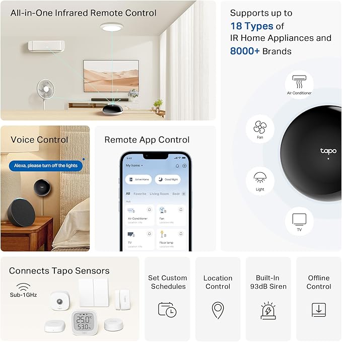 Tapo Smart IR & IoT Hub with Chime - Universal Remote for TVs, ACS, & 18+ Device Types, Matter-Certified, Supports 8,000+ Infrared Brands, Voice & App Control, Custom Schedules & Automations, H110 - Image 2