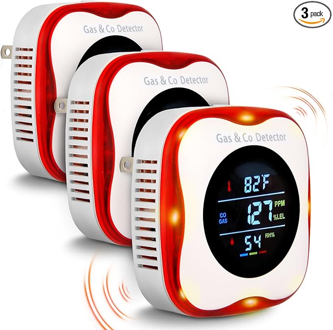Combustible Gas & CO Detector 4-in-1 – Plug-in Natural/Propane Gas Leak Alarm with Temp & Humidity Sensor, Compact for Home, RV, Kitchen Safety by Vzmcov