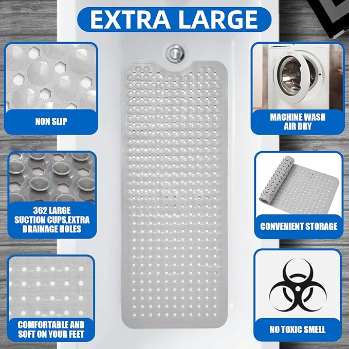 ZHICHENG Bath Tub and Shower Mats, Non-Slip 39 x 16 Inch Extra Long Bath Mat, Machine Washable Bathtub Mat with Drain Holes, Suction Cups for Bathroom (Grey) - Image 3