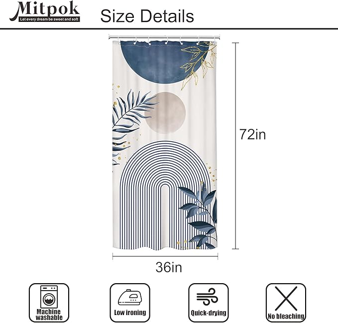 Small Stall Boho Shower Curtain 36Wx72H RV Blue Modern Mid Century Abstract Leaves Plant Minimalist Geometric Bathroom Decor Half Narrow Standing Bath Curtain Fabric Polyester 7 Pack Hook - Image 4