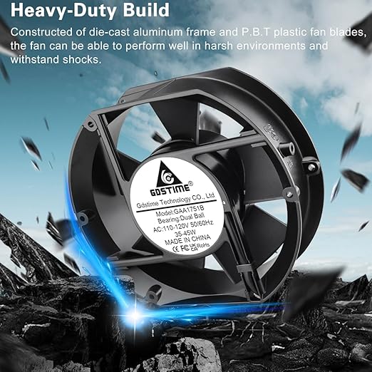 GDSTIME Axial Fan 17251, 110V 120V AC 172mm x 150mm x 51mm Dual Ball Bearing High Speed for DIY Cooling Ventilation Exhaust Projects - Image 3