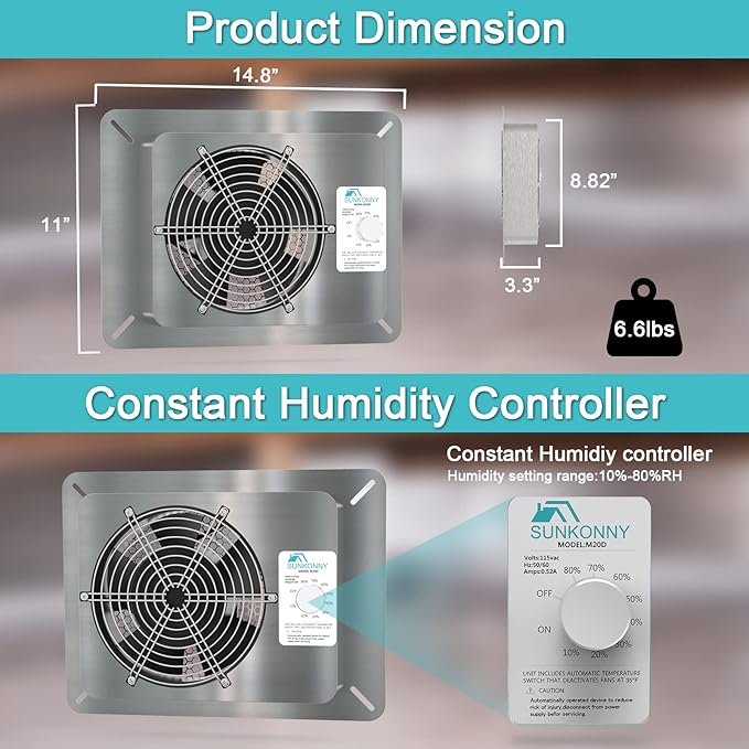 Stainless Steel Crawl Space Vent Fan - 570 CFM Air Out Ventilation Fan with Humidistat Dehumidistat, IP55 Exhaust Fan with Metal Fan Cage for Crawlspace Foundation Basements Garage Attic - Image 5