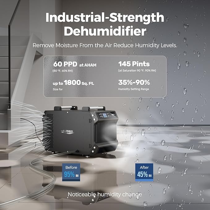 ALORAIR Crawlspace Dehumidifiers, 145 Pint Commercial Dehumidifier for Basements with Drain Hose, 1,800 Sq.Ft Auto Defrost Compact Portable Industry Crawl Spaces Dehumidifier - Image 2