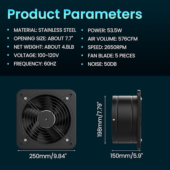 HG Power 8 Inch Exhaust Fan with Speed Controller, 567 CFM Kitchen Exhaust Fan with Damper, Metal Extractor Fan for Window, Attic, Ceiling, Basement Ventilation - Image 6