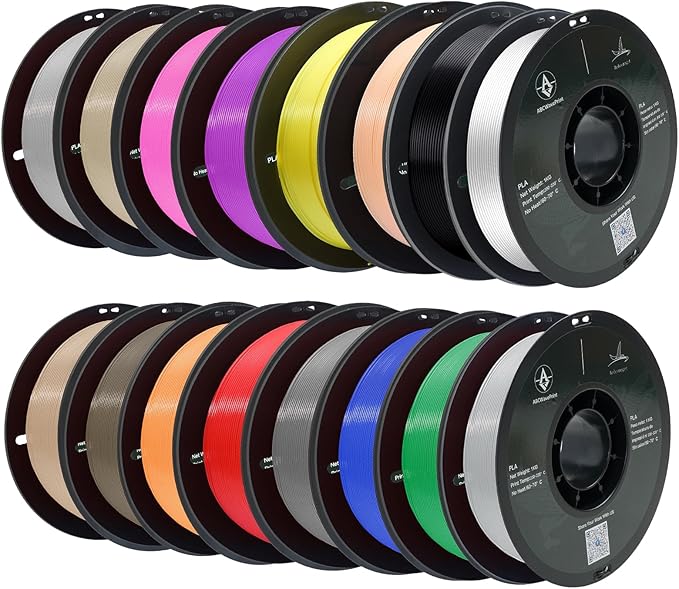 PLA 3D Printer Filament Bundle, Dimensional Accuracy +/- 0.02 mm, 16 x 1 kg Spool(35.2lbs), 1.75 mm，Black White Grey Red Green Blue Yellow Purple Silver Transparent Pink Orange Wood Brown by ABCWavePrint