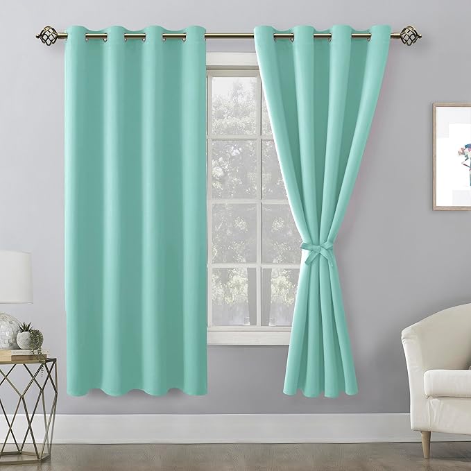 Hiasan Blackout Curtains for Bedroom, 52 x 63 Inches Length - Thermal Insulated & Energy Saving Window Curtains for Living Room, 2 Drape Panels Sewn with Tiebacks, Aqua - Image 2
