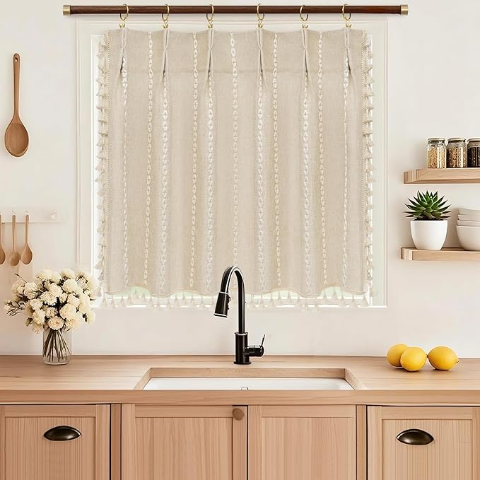 Beige Boho Farmhouse Window Curtain with Tassels, 30 x 36 Inch Light Filtering Sheer Short Cafe Window Curtain Tier, Linen Textured Pleated Small Window Drape for Kitchen or Bathroom, 1 Panel - Image 5