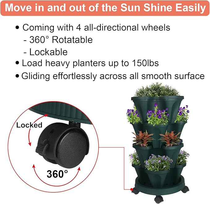 GameXcel Vertical Planter 4 Tier Stackable Planters Garden Planters Strawberry Herb Flower and Vegetable Planter Indoor Outdoor Gardening Pots with Removable Wheels and Tools - Image 6