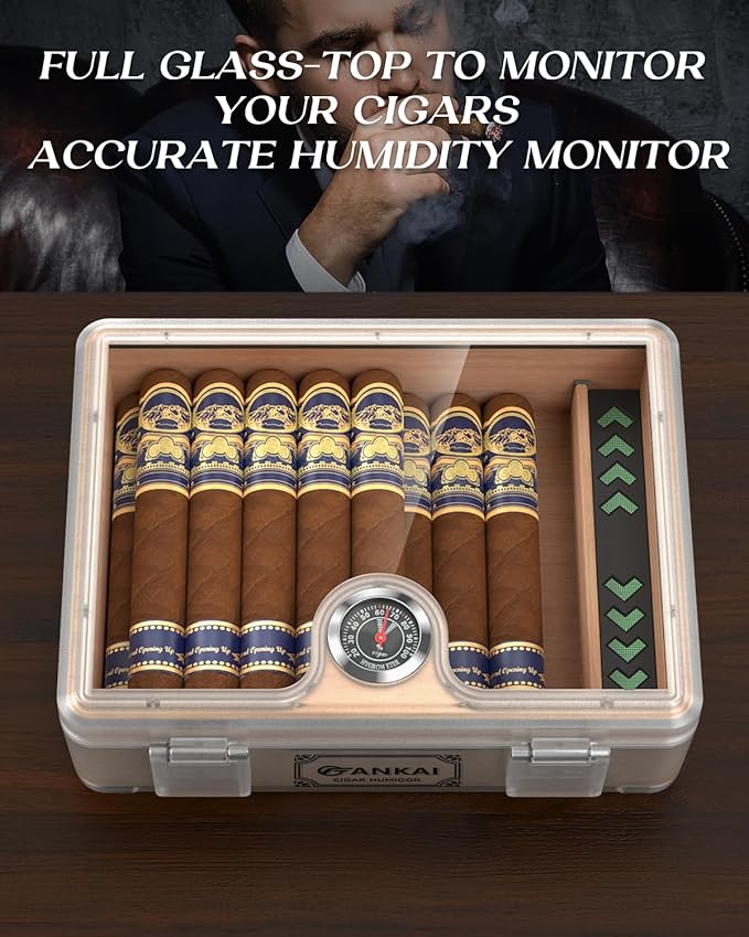 Humidor Cigar Box, with Straight Cutter Guillotine, V cut, Puncher & Holder Tool, Glass top Cigars Case, Cedar Wood Lining, Humidifier Hygrometer Accessories, Cigar Gift Set - Image 8