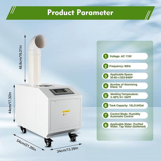Ultrasonic Industrial Agricultural Humidifer Commercial Humidifier for Plants Large Volume (3kg/H) Automatic Ultrasonic Mist Maker 160M³/H Airflow for Warehouse Greenhouse Garden - Image 6